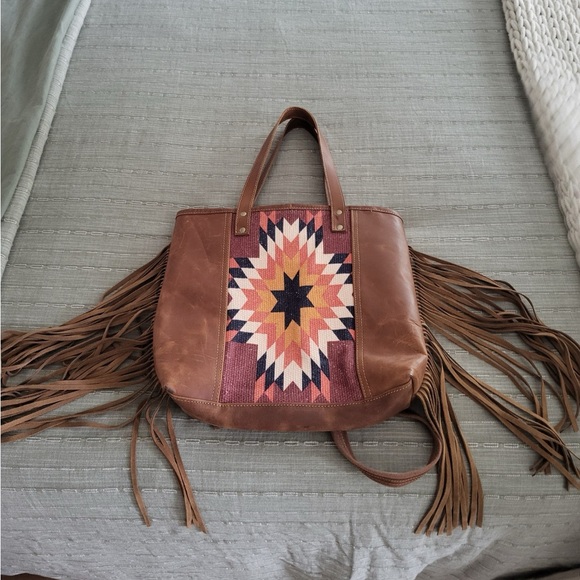 Myra Bag Handbags - Brown Leather Fringe Tote with Geometric Star Embroidery